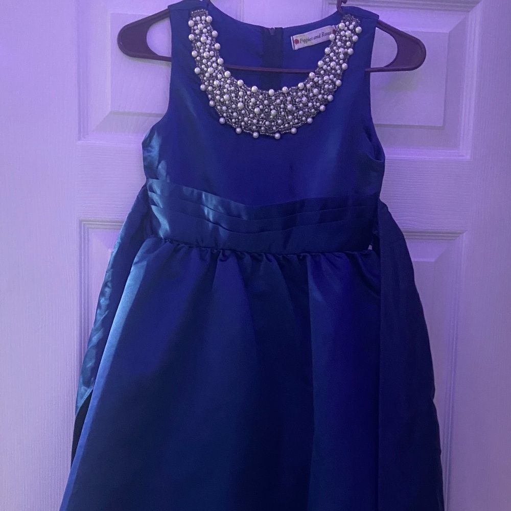 Charming Royal Blue Kids Dress with Pearl Accents